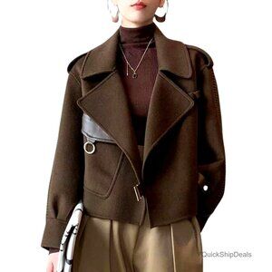 Cropped Wool Pea Coat Notched Lapel Open Front Trench Overcoat with Pockets